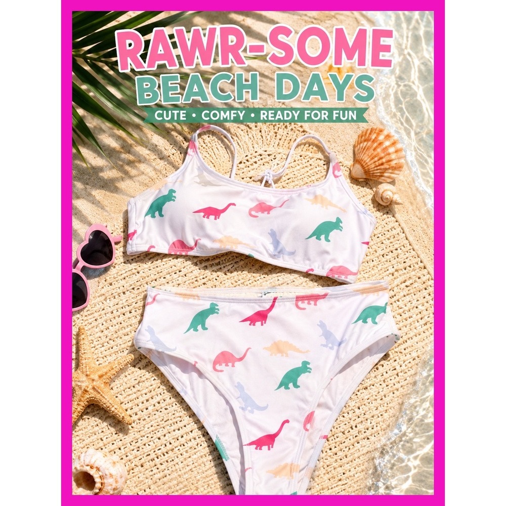 Dinosaur Print Bikini 2 Piece &‎ Crochet Skirt Cover Up White Pastel Swimwear S